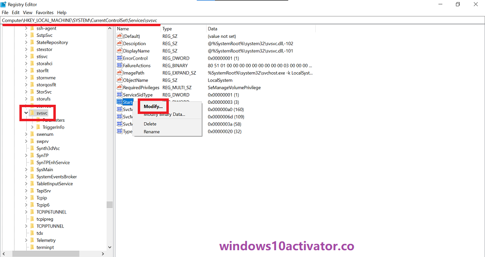 svsvc folder registry editor