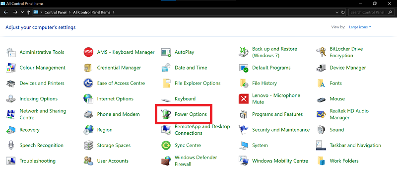 Control Panel Power Options Setting