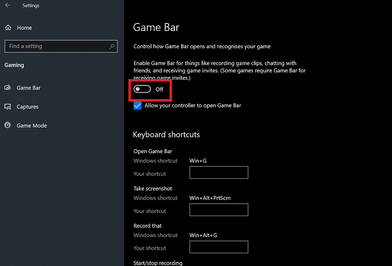 Turn off Xbox game bar